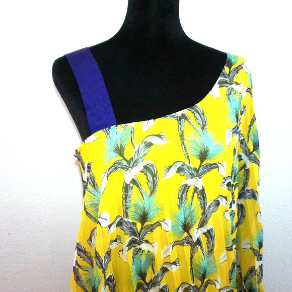 Ryu: Yellow/purple floral pleats one shoulder top, with double layers - Picture 4 of 12